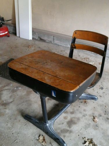 Vintage Old Wooden Antique School Desk With Attached Swivel Chair