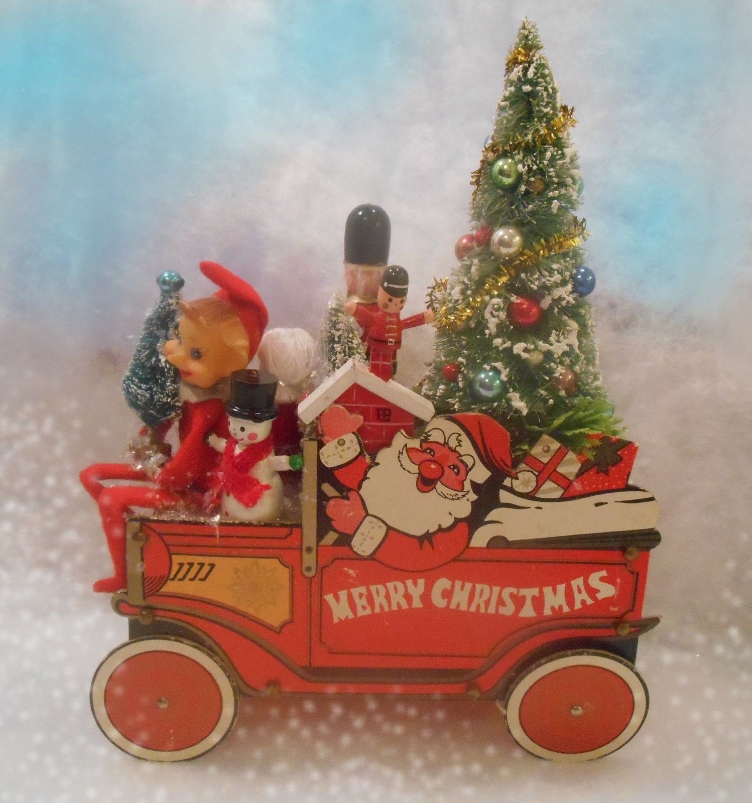 Vtg. Cardboard Christmas Santa Car With Bottle Brush Tree- Pixie & Toys ...