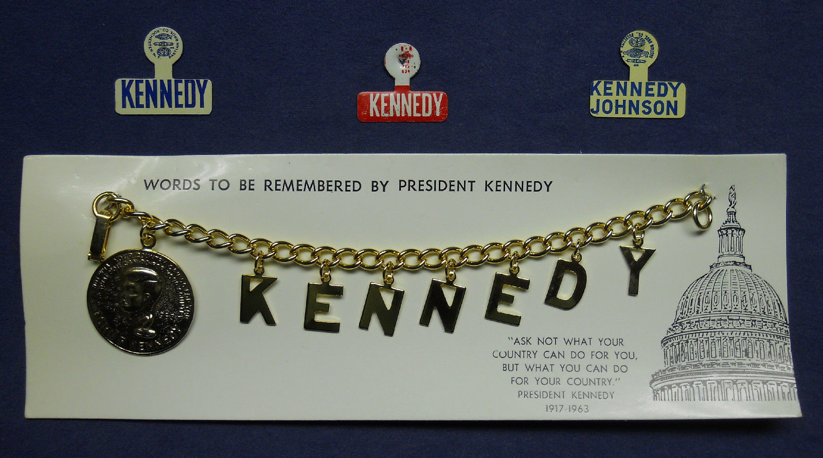 President John F. Kennedy original campaign pins buttons bracelet card