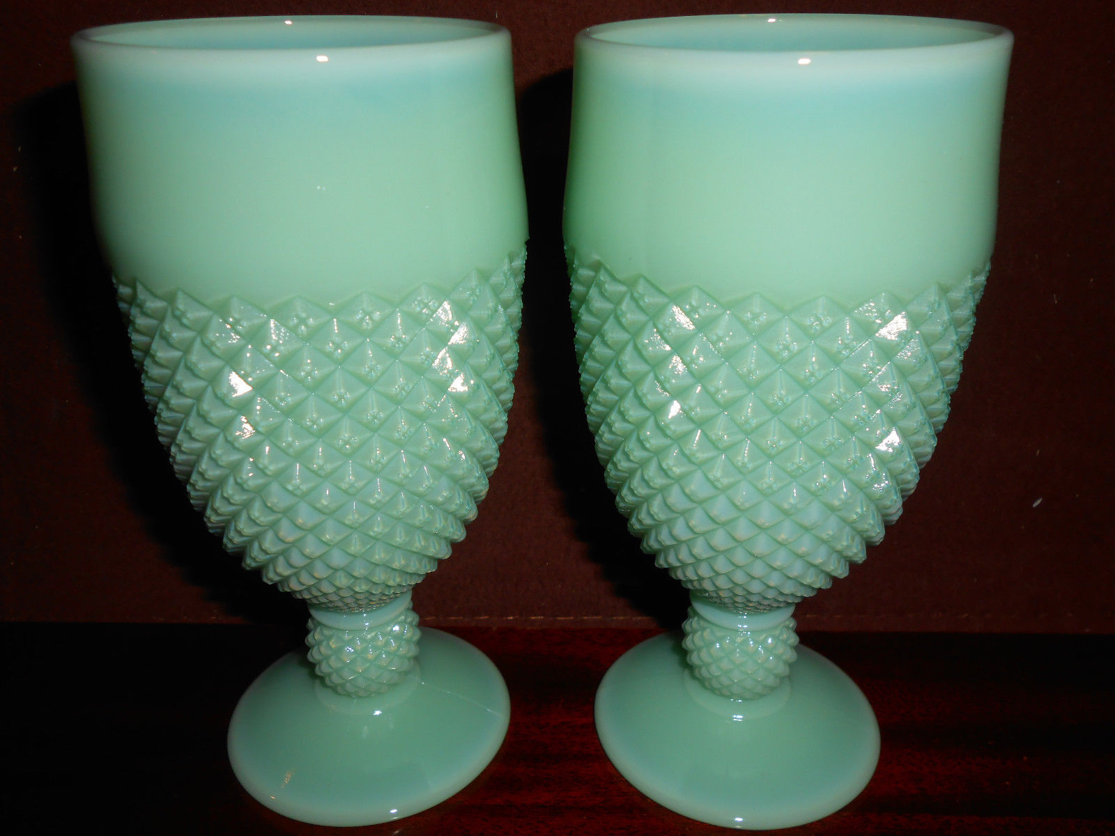pair of Jadeite green milk glass diamond pattern tumbler cups goblet