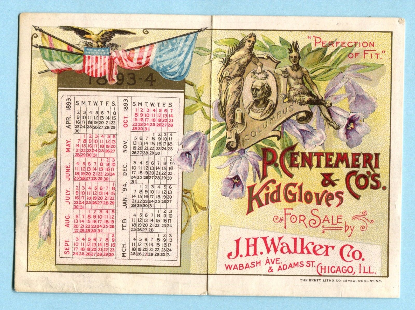 1893 WORLD’S FAIR Litho KID GLOVE TRADE CARD Calendar HOWARD ROSSEN