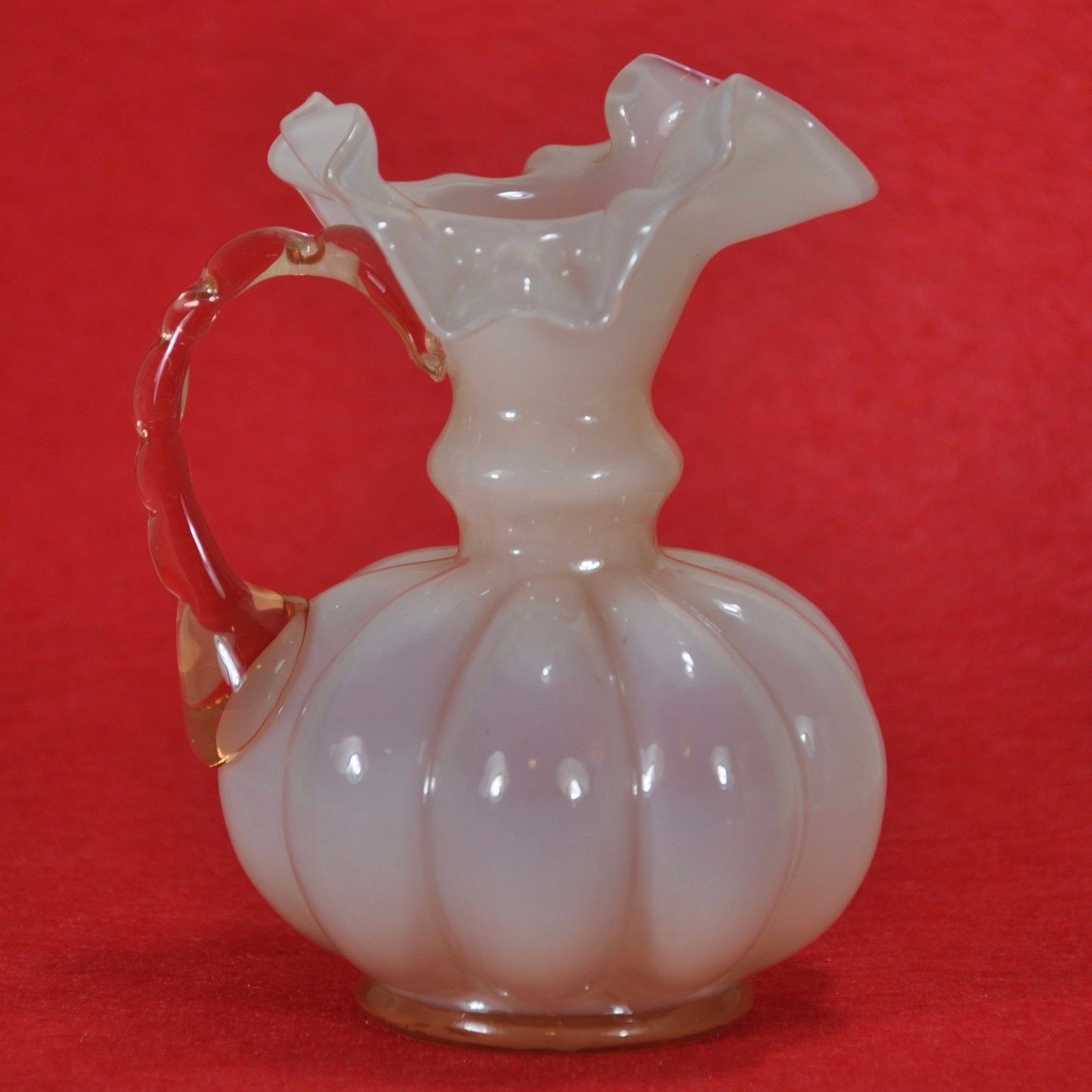Vintage Rose Pink Milk Glass Vase W Handle 1739 Antique