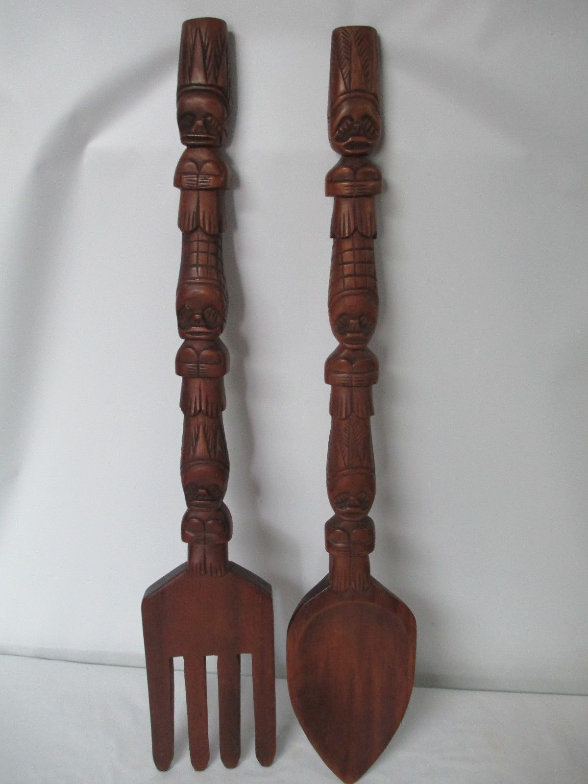 LARGE 30" Vintage Hand Carved Wood Wooden FORK SPOON Kitchen Retro