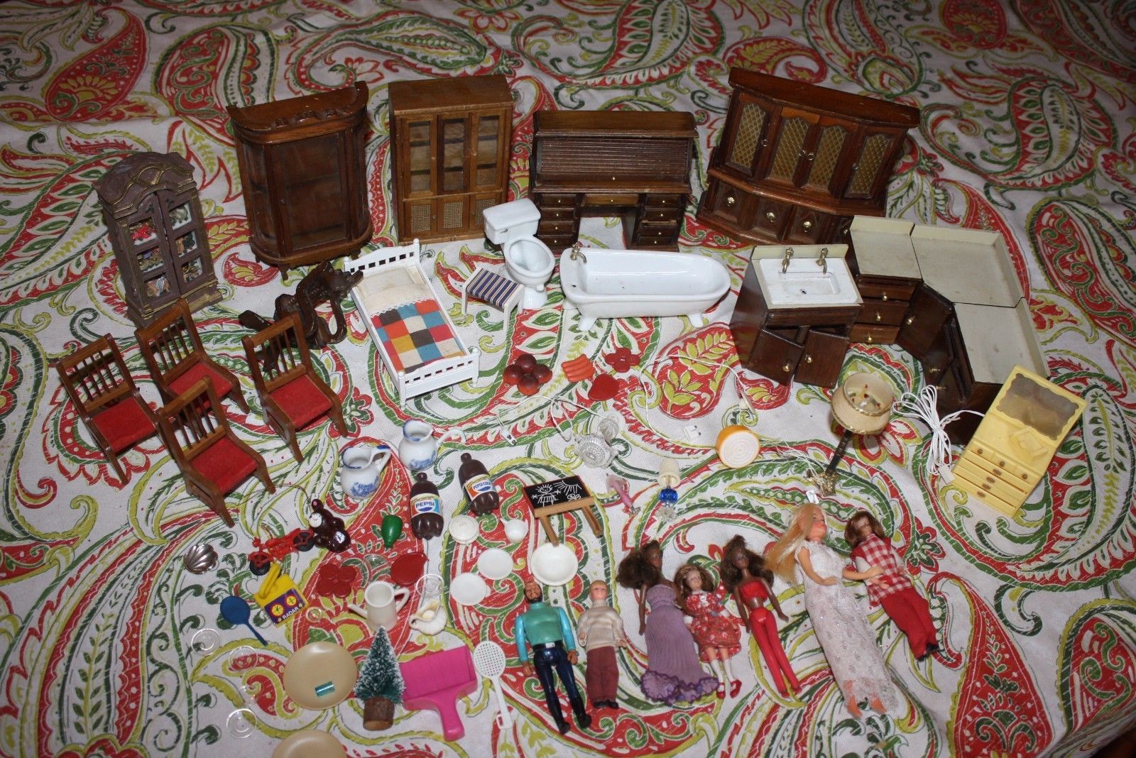 Vintage Antique 50+ Piece Lot WOOD Wooden DOLLHOUSE FURNITURE Porcelain