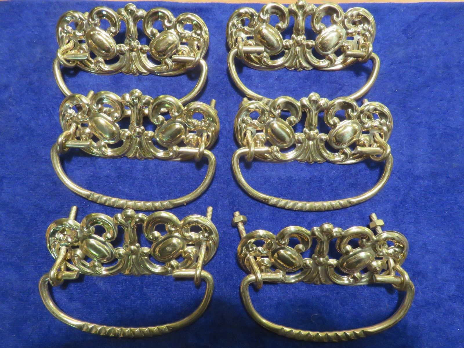 6 VINTAGE ANTIQUE VICTORIAN ORNATE SOLID BRASS DRESSER DRAWER PULLS