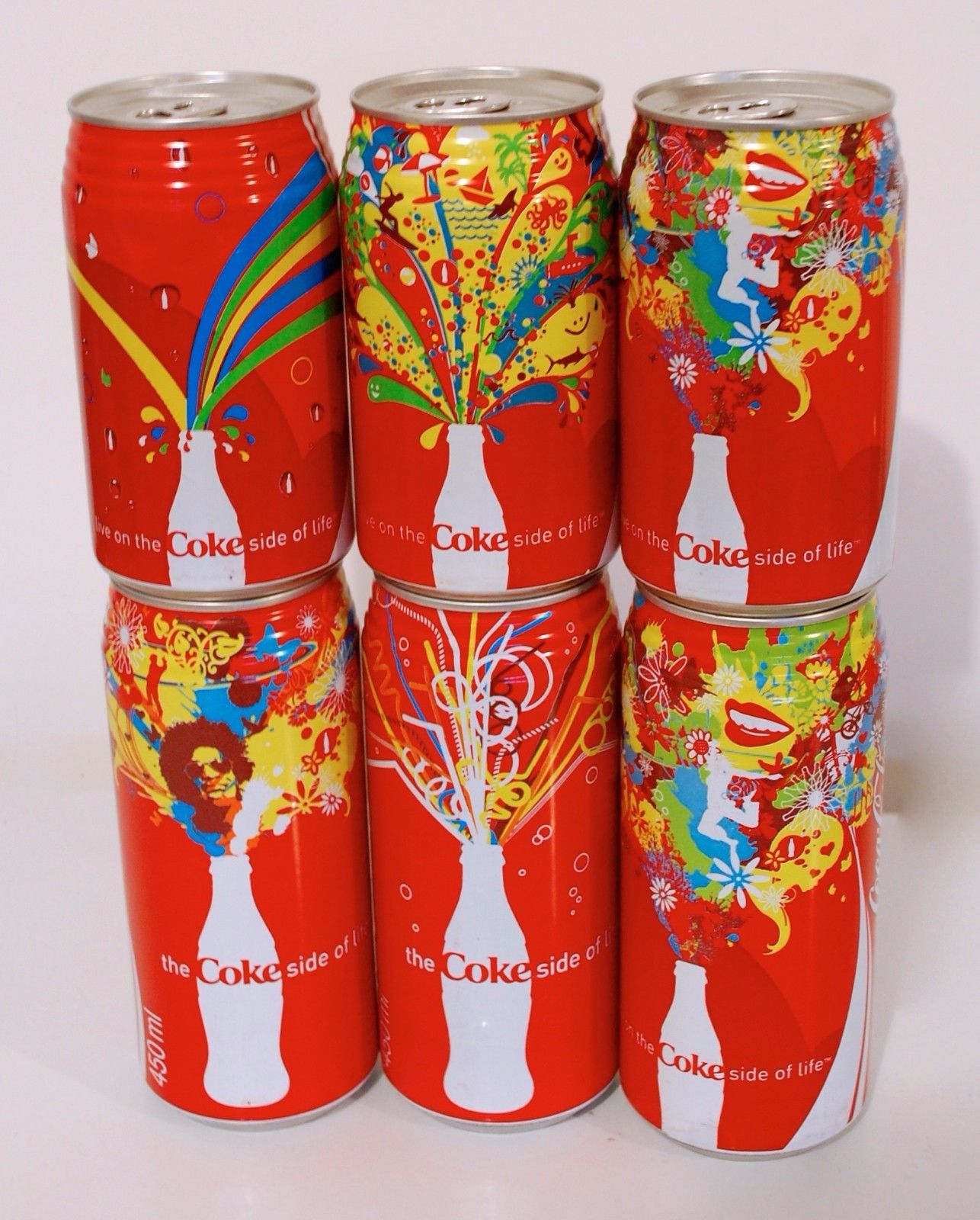 6 Cans CocaCola 340/450ml. ''the Coke Side of Life'' South Africa C69
