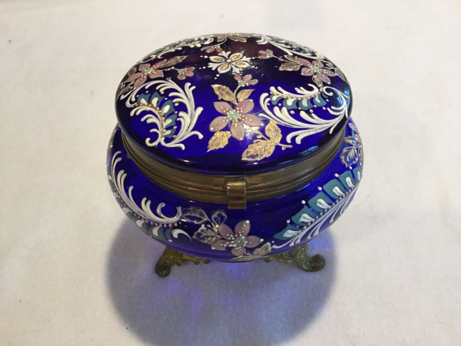 Gorgeous Cobalt Blue Enameled Moser Bohemian Glass Antique Trinket