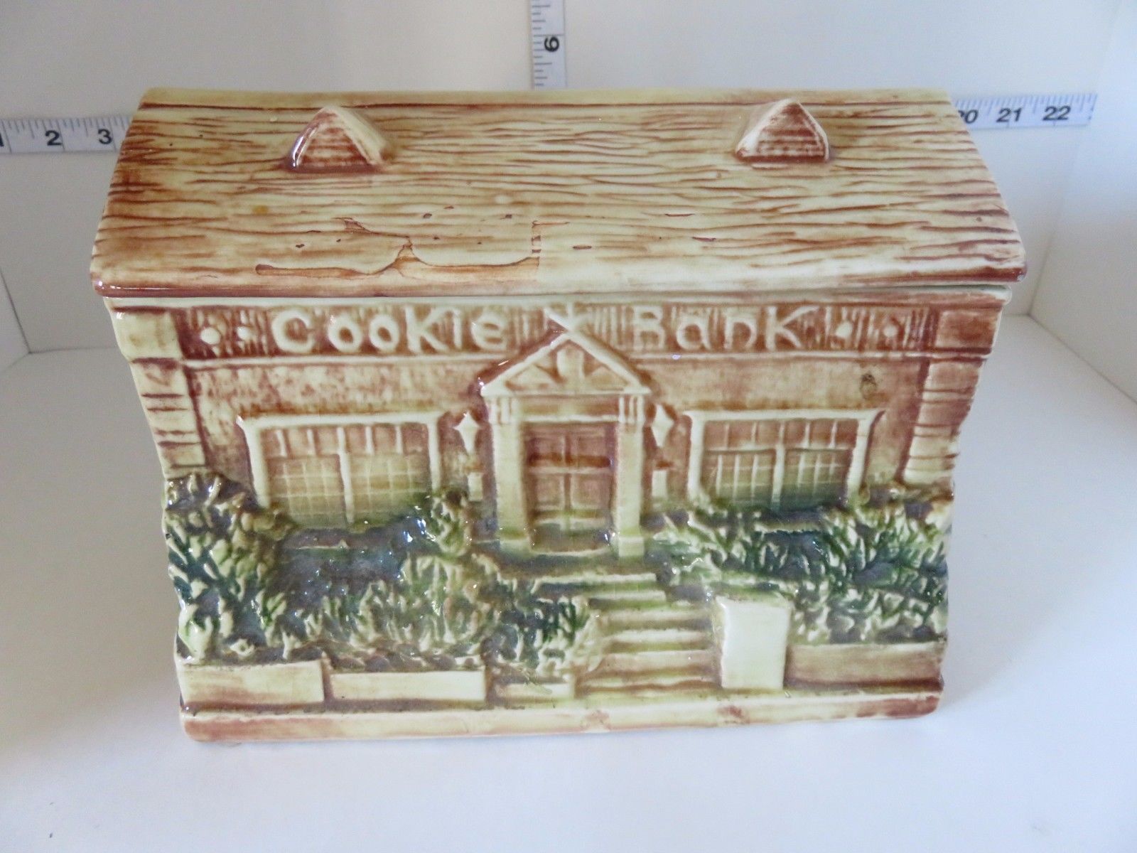 Rare Mccoy Log Cabin Cookie Jar With Bank In Lid And Stopper