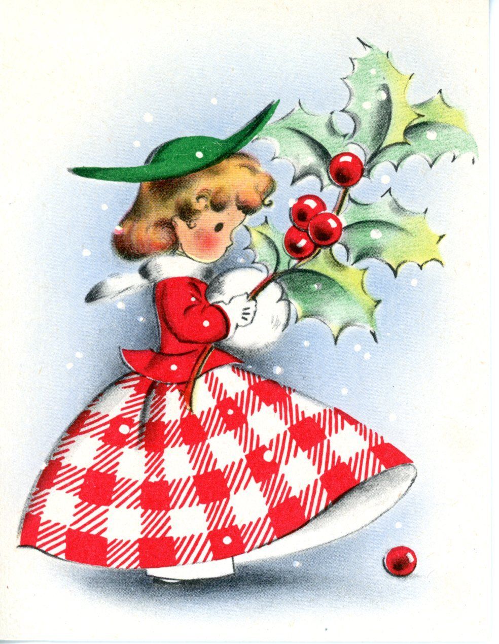 Vintage Norcross Christmas Greeting Card Gingham Girl in Red Holly ...