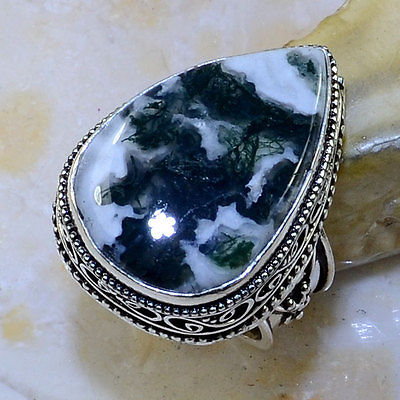 MOSS AGATE ANTIQUE DESIGN SILVER RING SIZE 7; M40314 -- Antique Price