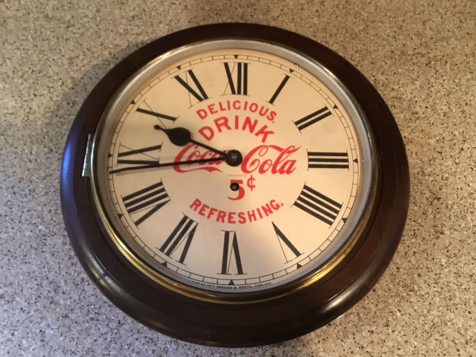 ANTIQUE WOOD CASE, E. INGRAHAM COKE COCA COLA WALL CLOCK ADVERTISING