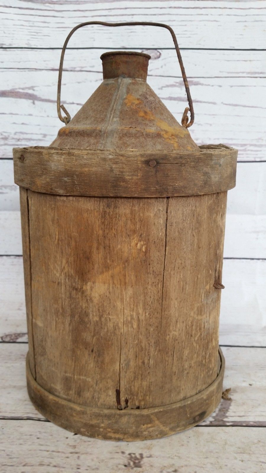 Antique Wood Wrapped Metal Fuel Oil Bucket Rustic Vintage Barn Farm