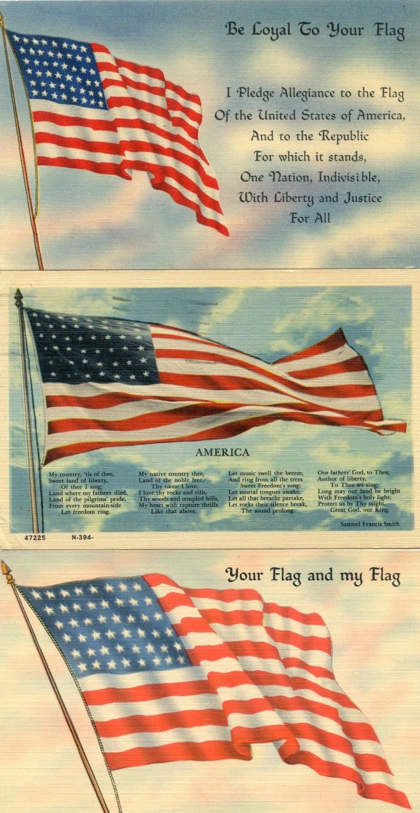 3 vintage 1940''s linen patriotic postcards, US Flags, Pledge of