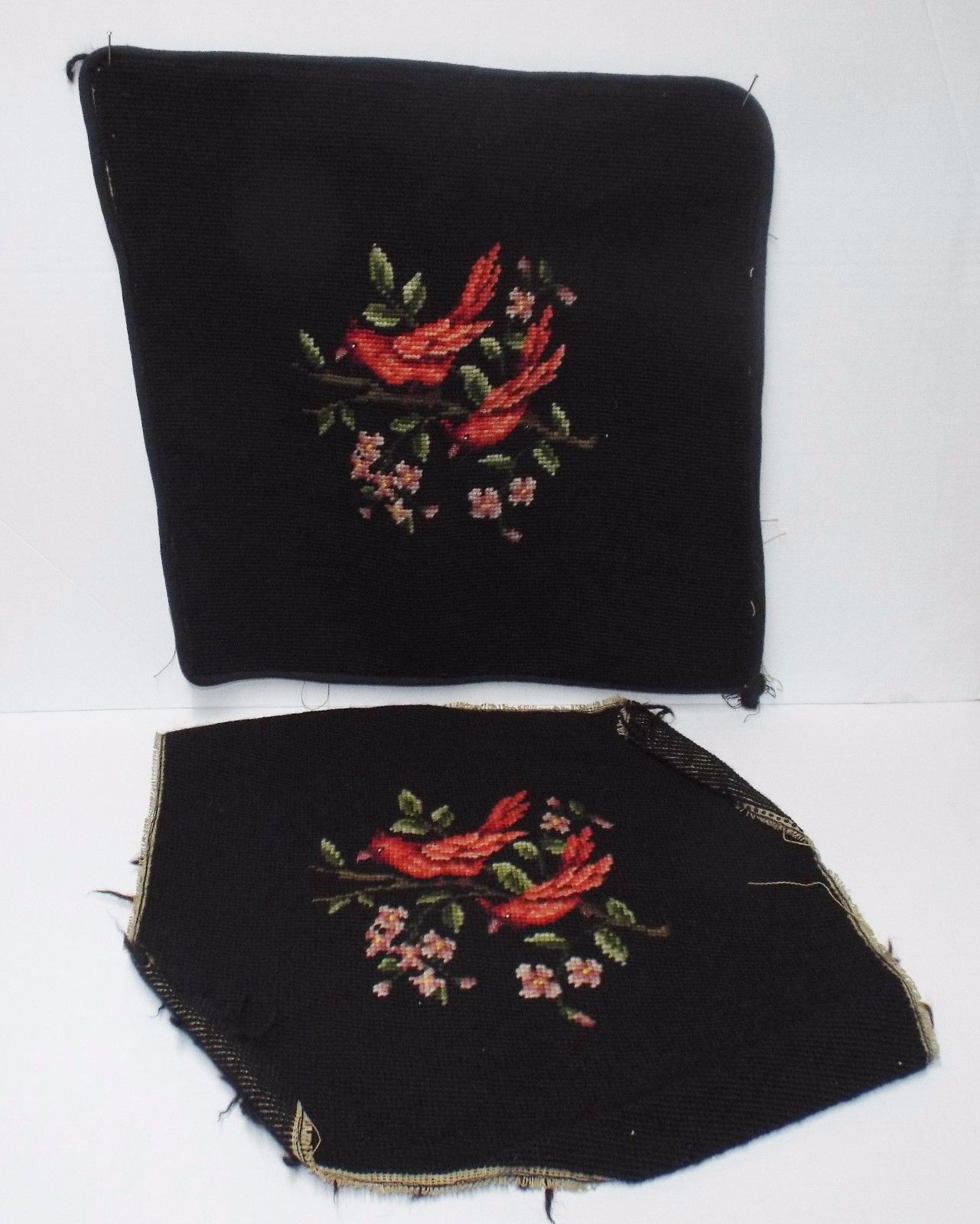 2 Matching Vintage Needlepoint Red Cardinal Birds Square Black Chair Seat Covers Antique