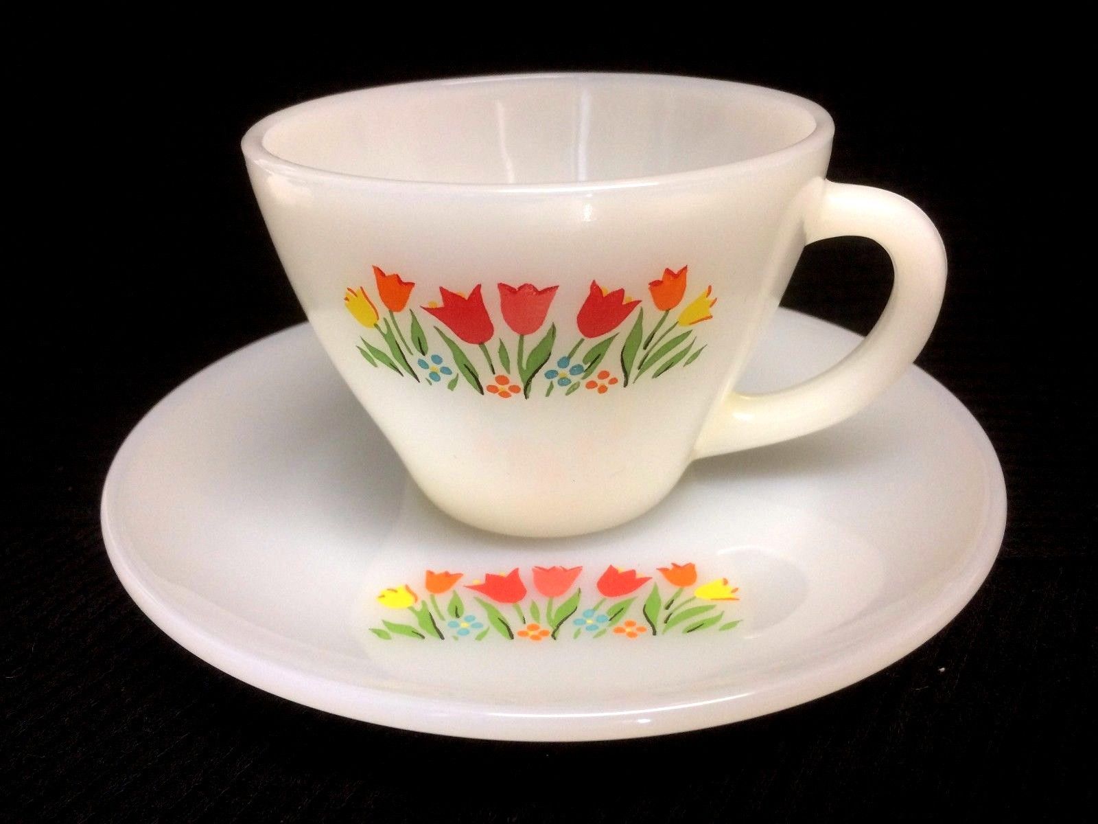 VTG Anchor Hocking FIRE KING Tulip Design Cup and Saucer Milk Glass