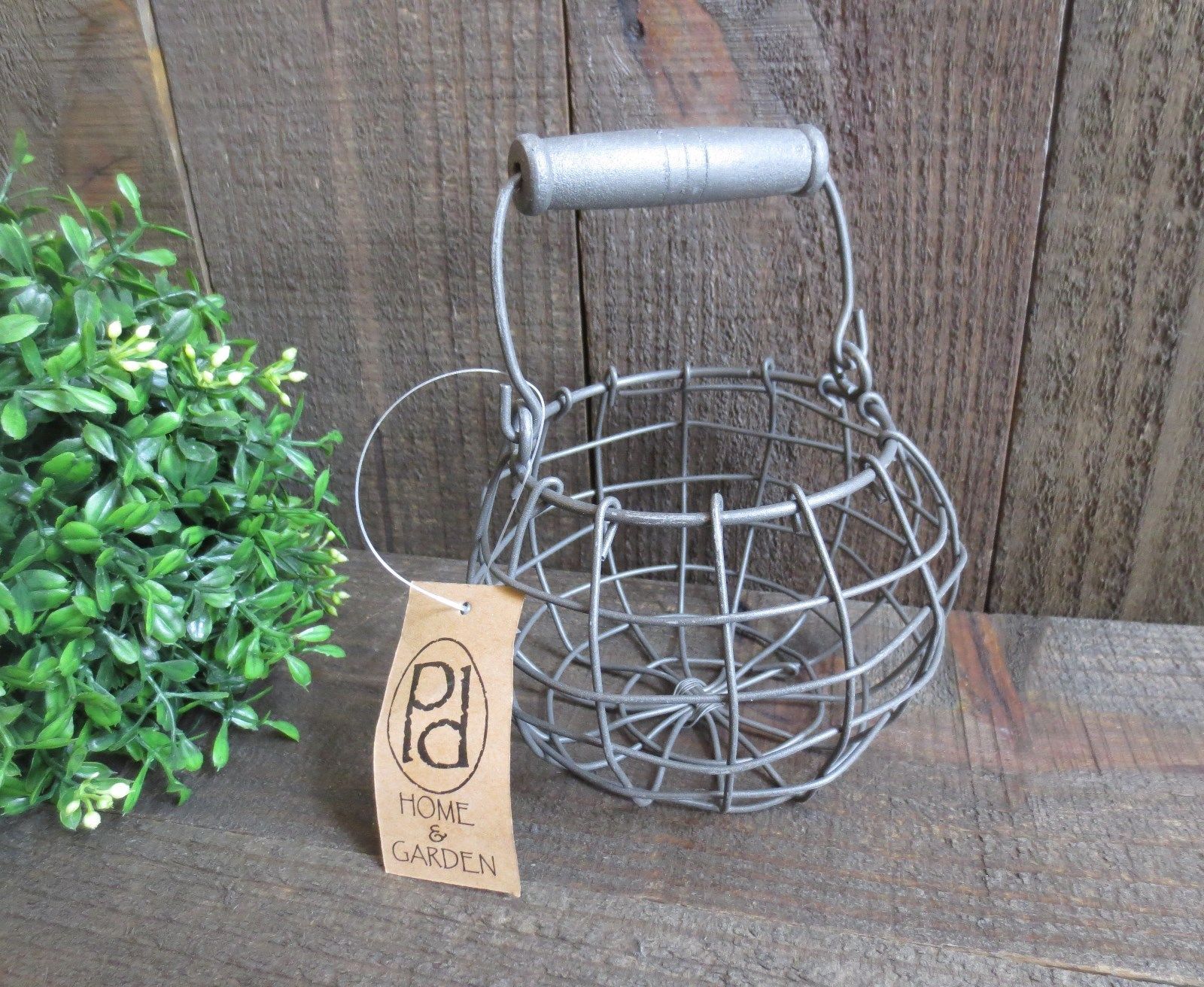 Galvanized Gray Small Metal Wire Egg Basket Handle Country Home Farm