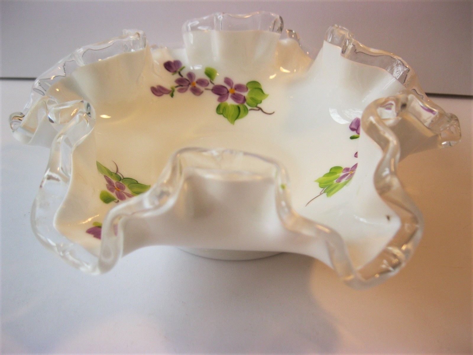 Vintage Fenton Milk Glass Purple Violet Flowers Ruffled Candy Dish