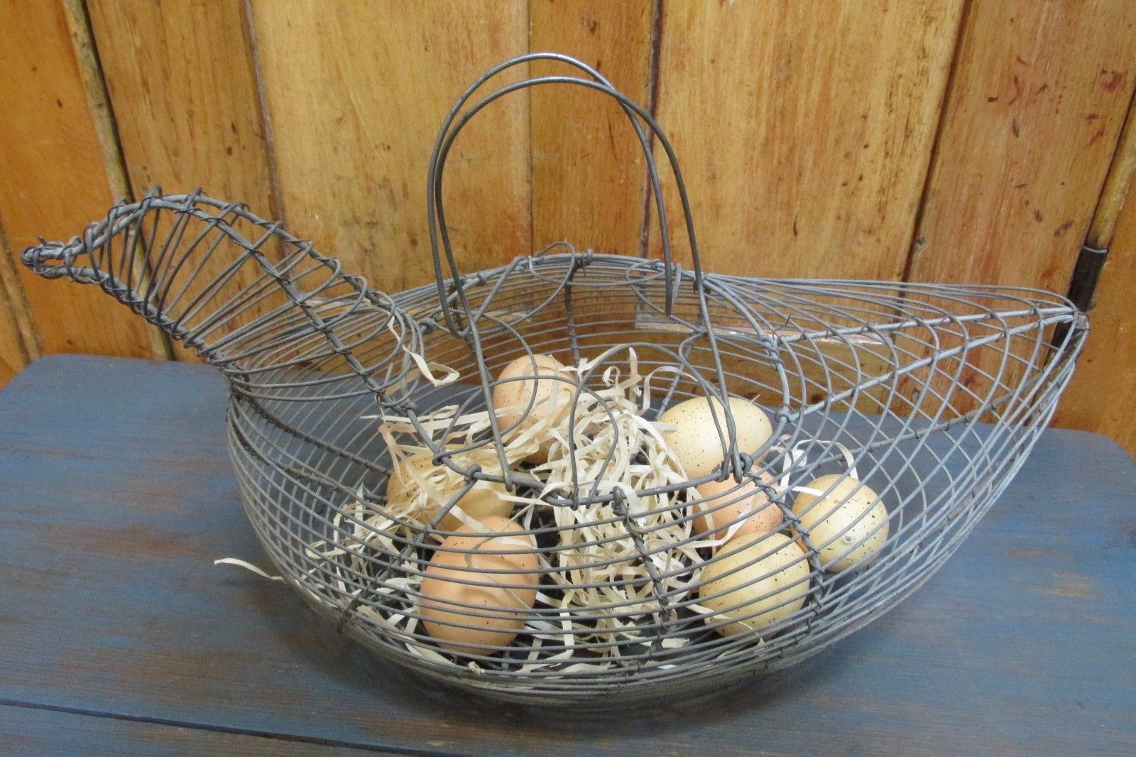Antique Primitive Wire Chicken Egg Basket With Eggs, Country, Farm