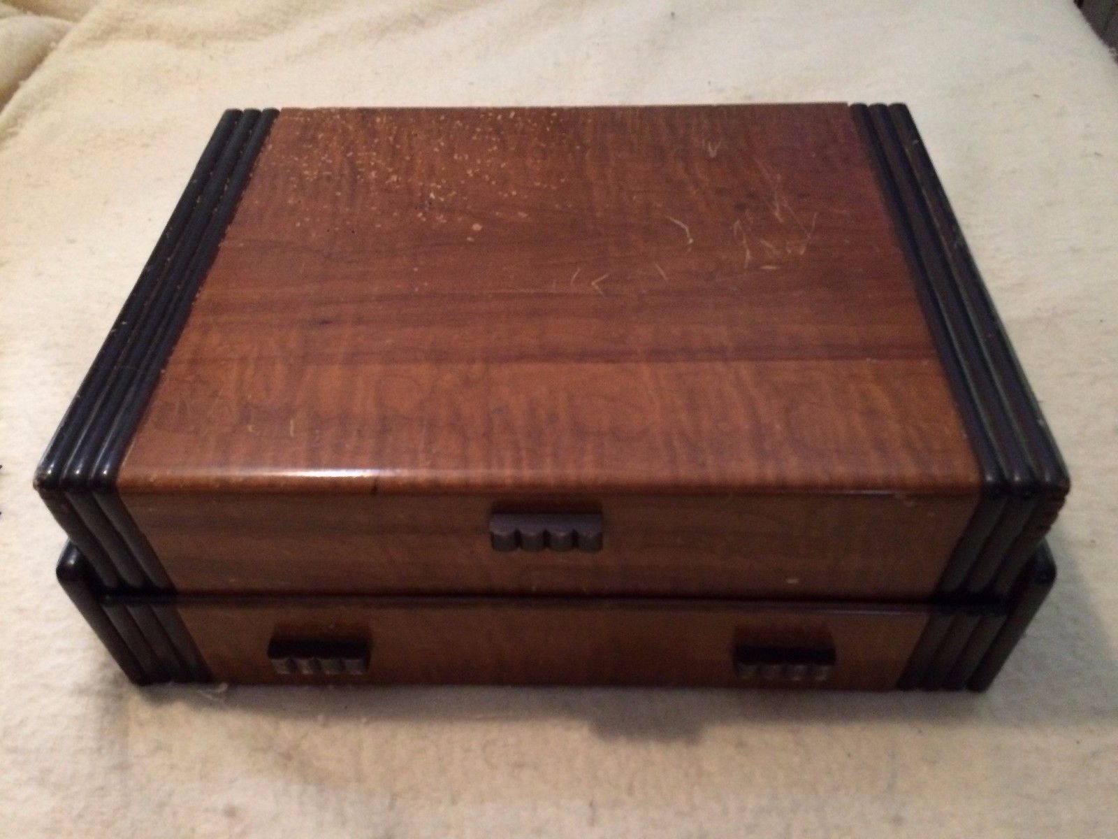 Antique Art Deco Burled Wood Silverware Chest Box Storage Antique