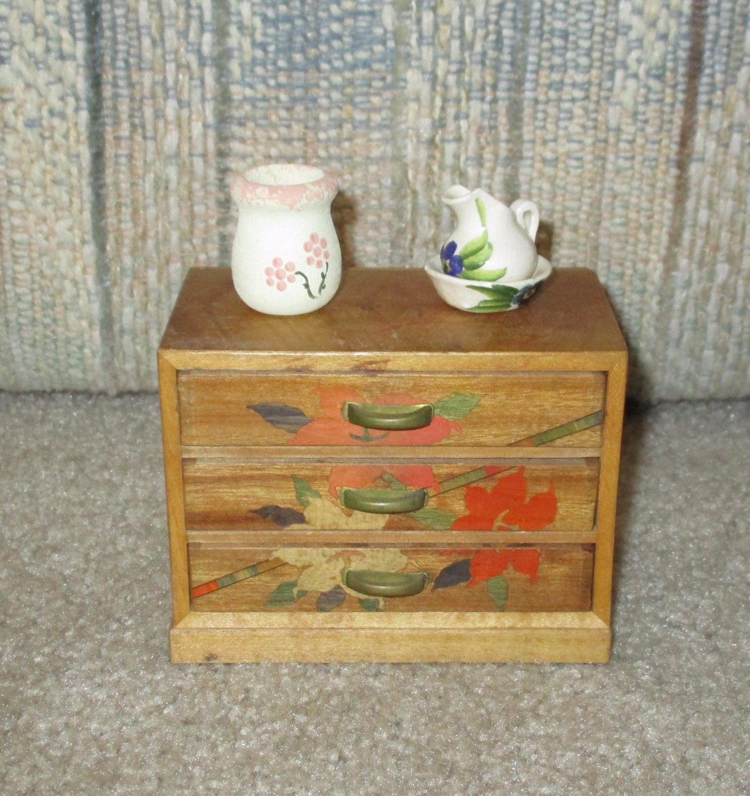 Vintage Wooden Dollhouse Dresser 3 Drawer Made In Occupied Japan