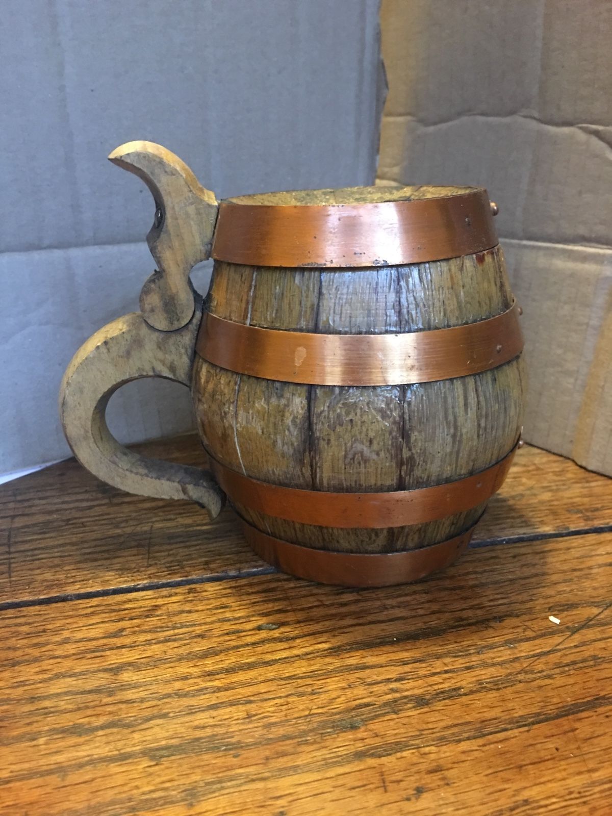 Vintage Wood Barrel Beer Stein With Lid Copper Bands Made in Germany