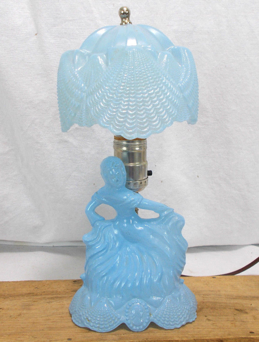 Antique Blue Depression Glass Lamp W/ Glass Shade Budoir Desk Accent ...
