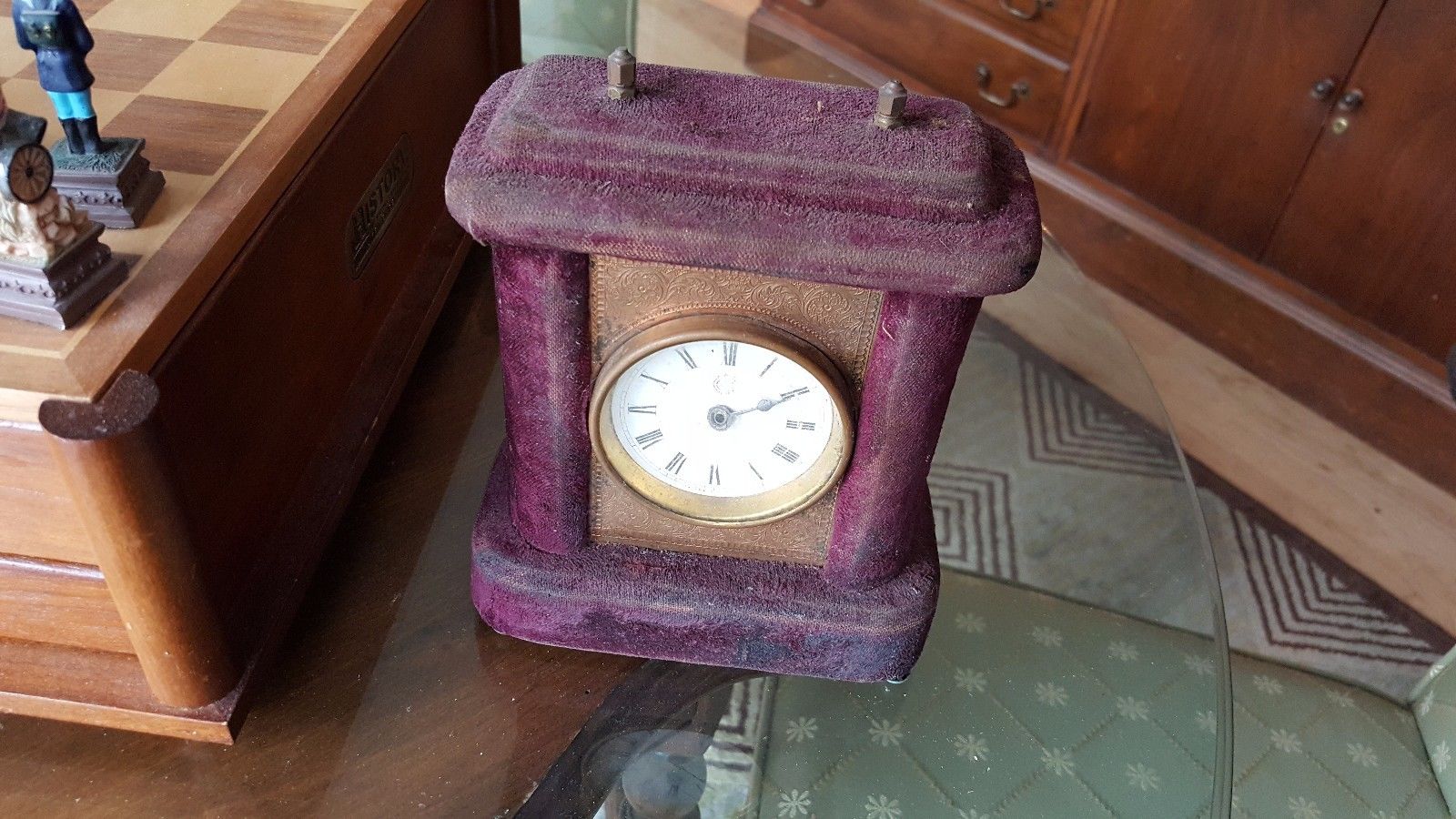 Sm Vtg Antique Waterbury Clock Co Brass Carriage Beveled Glass Alarm