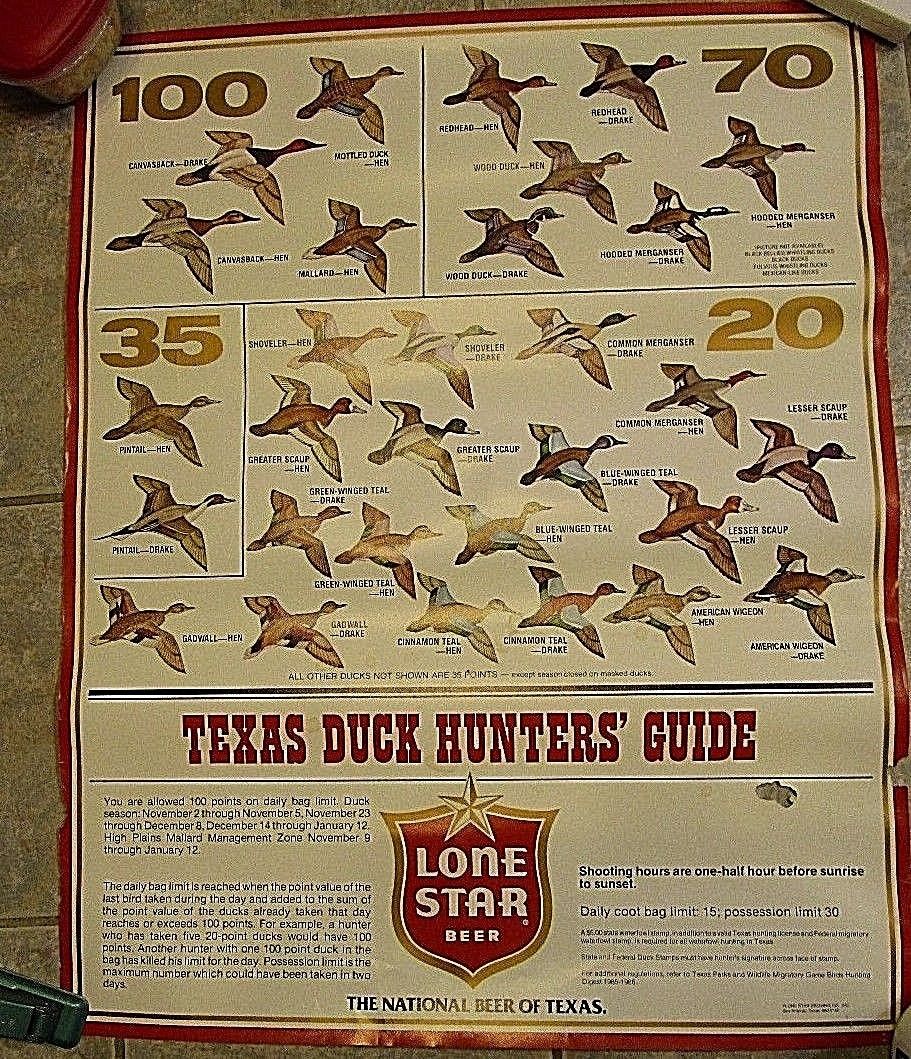 LONE STAR BEER Texas Duck Hunters Guide Drake, CHART & Bag Limit 1985