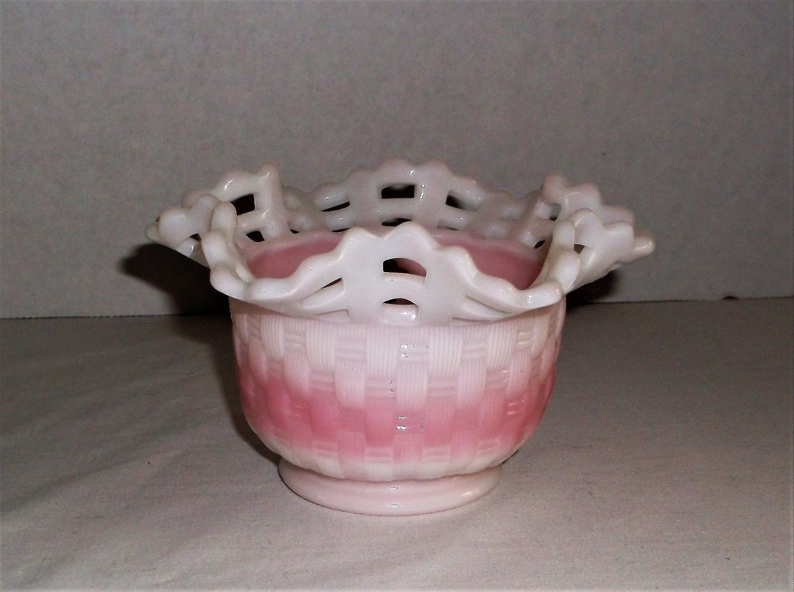 Vintage Fenton Glass Basket Weave Open Lace Edge Pink Rosaline Milk