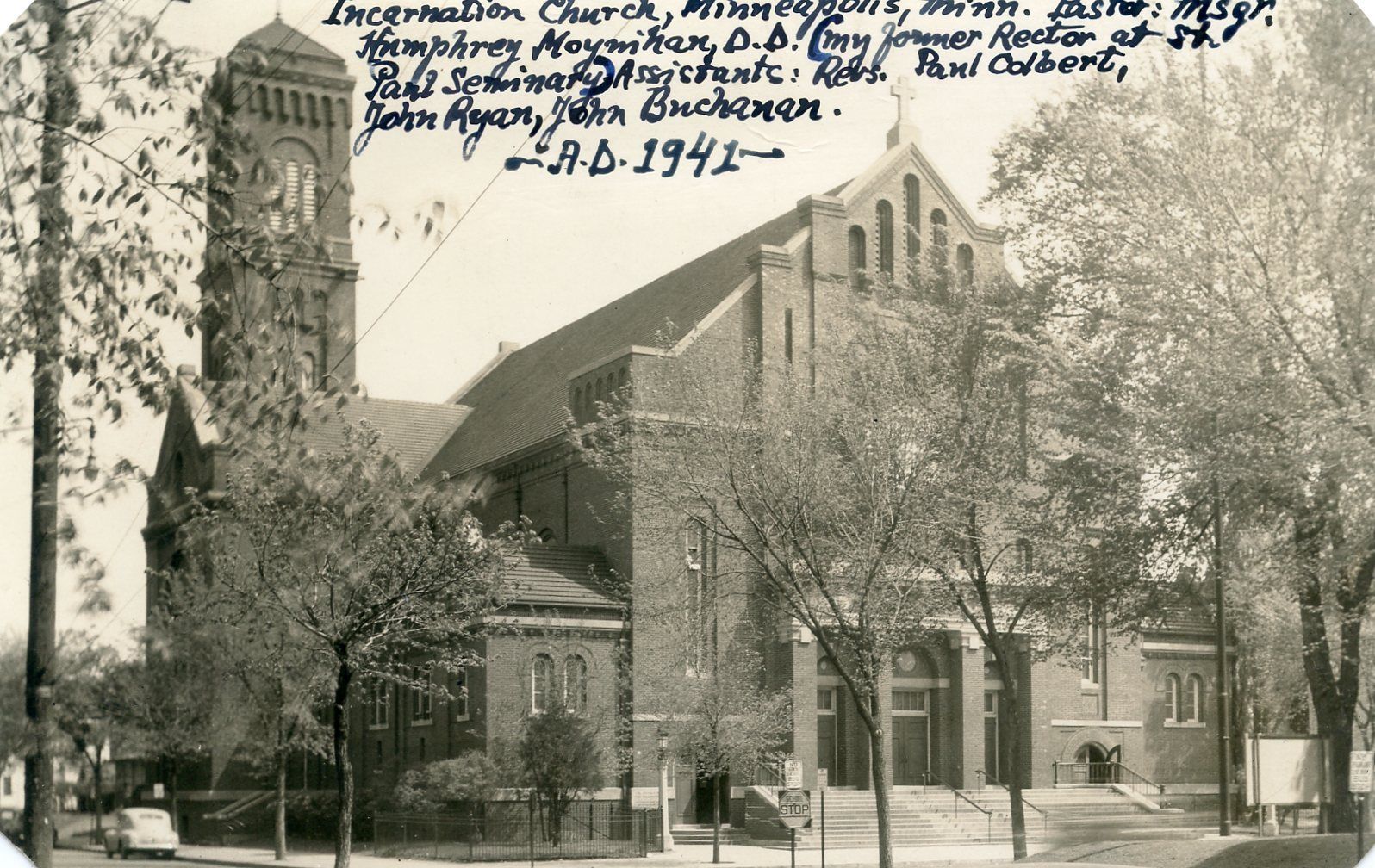 Minneapolis MN, 1941 RPPC, Incarnation Church, postcard with long