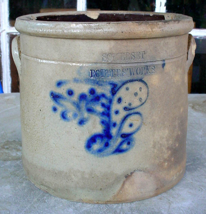 Antique Somerset Potters Works Stoneware Crock W Blue Decoration