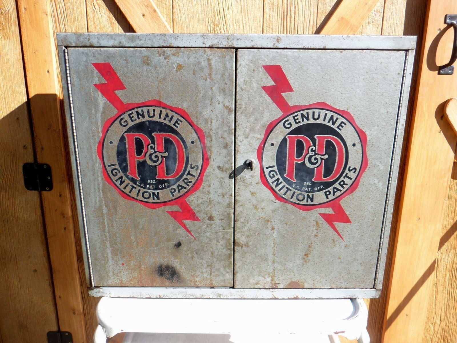 Vintage P D Ignition Parts Metal Wall Cabinet With Shelves Lock