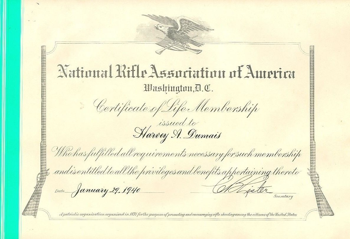 1940 nicely illustrated nra lifetime membership certificate lifetime membership certificate