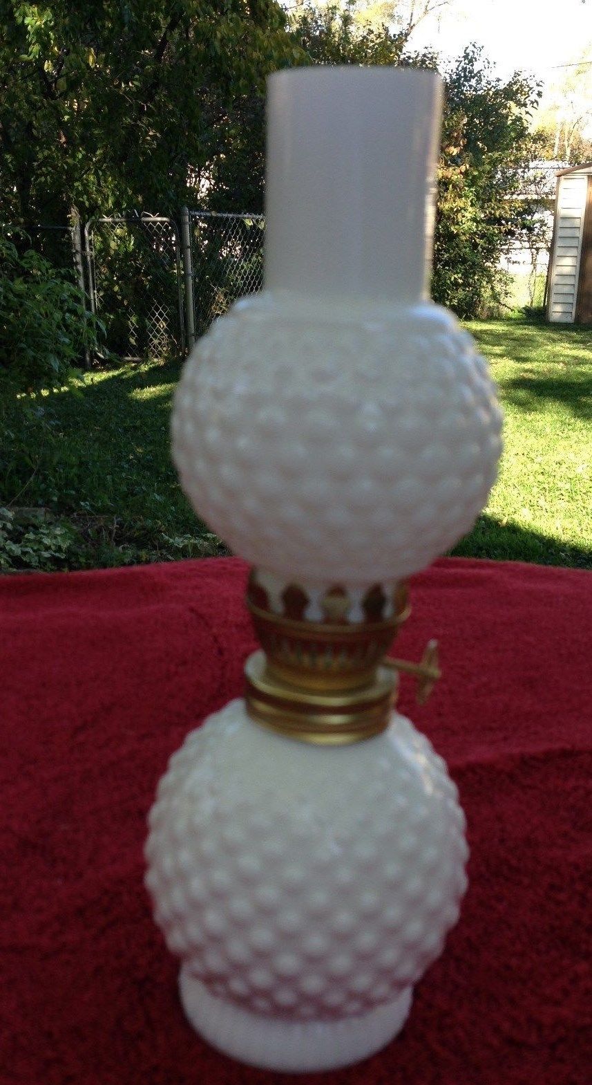 Vintage white milk glass mini oil lamp chimney hobnail design 8" tall