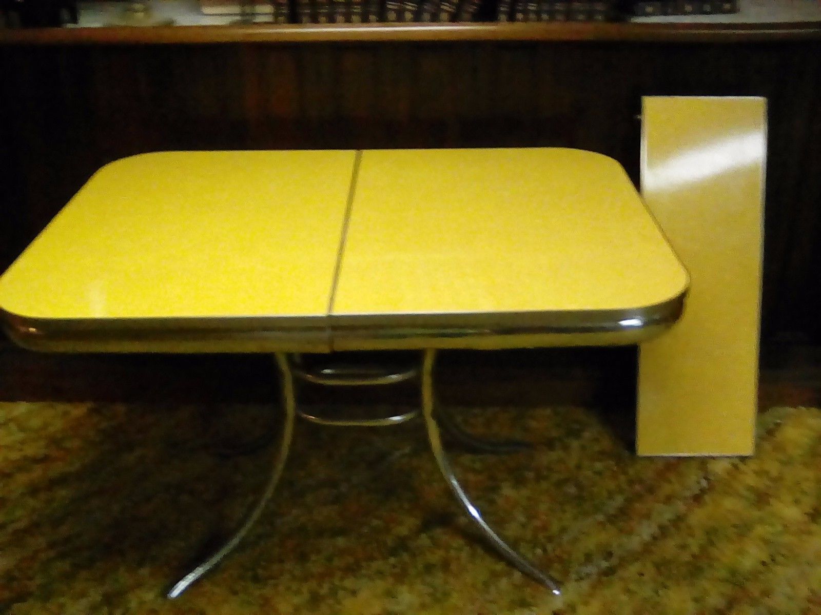 Vintage 50''s midcentury formica and chrome table, yellow cracked ice, good cond. Antique