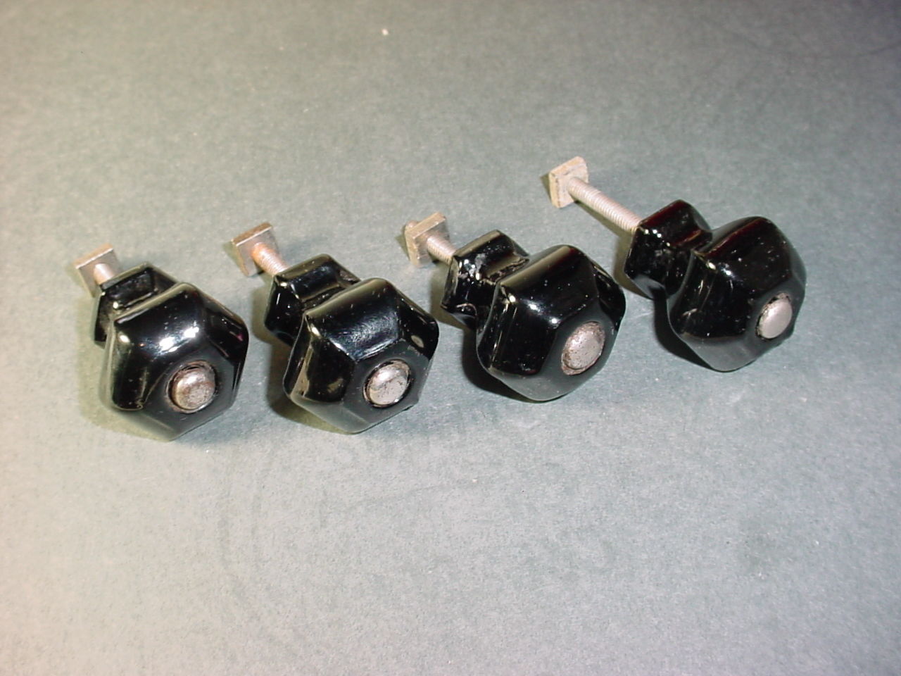 4 vintage antique old black glass drawer pulls knobs chest