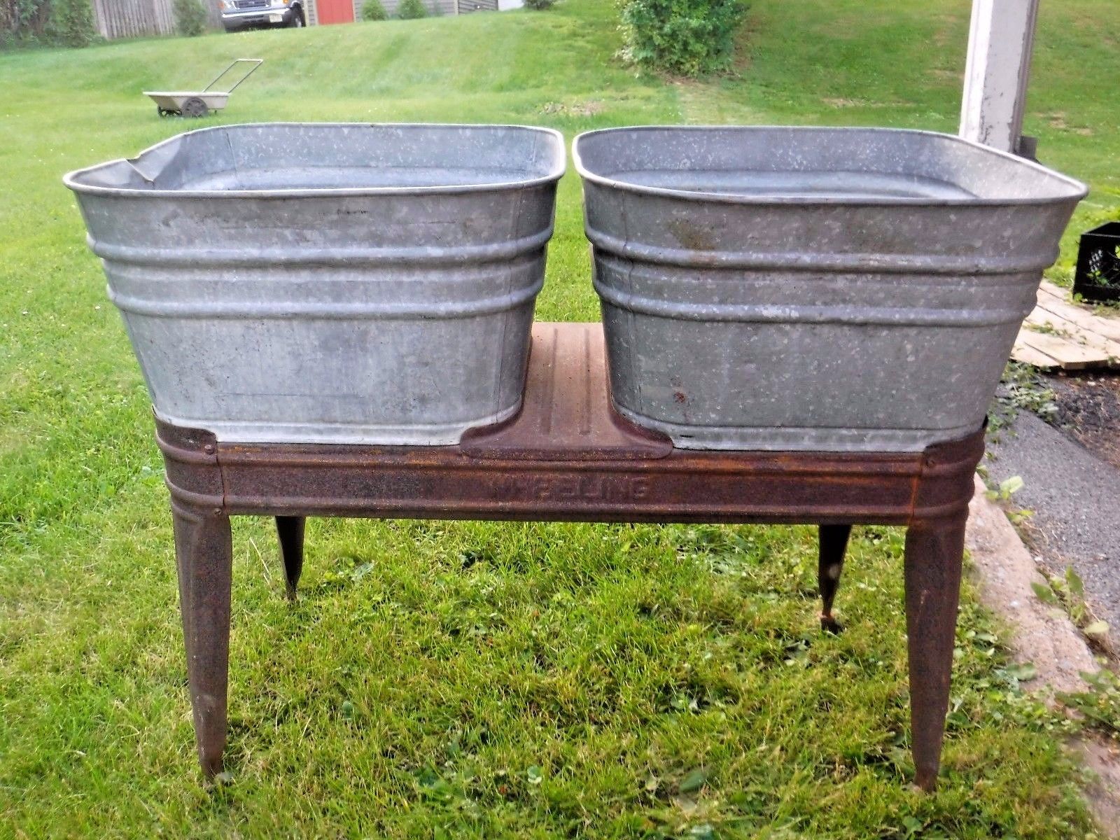 Vintage Wheeling Galvanized Metal Double Wash Tub Set On