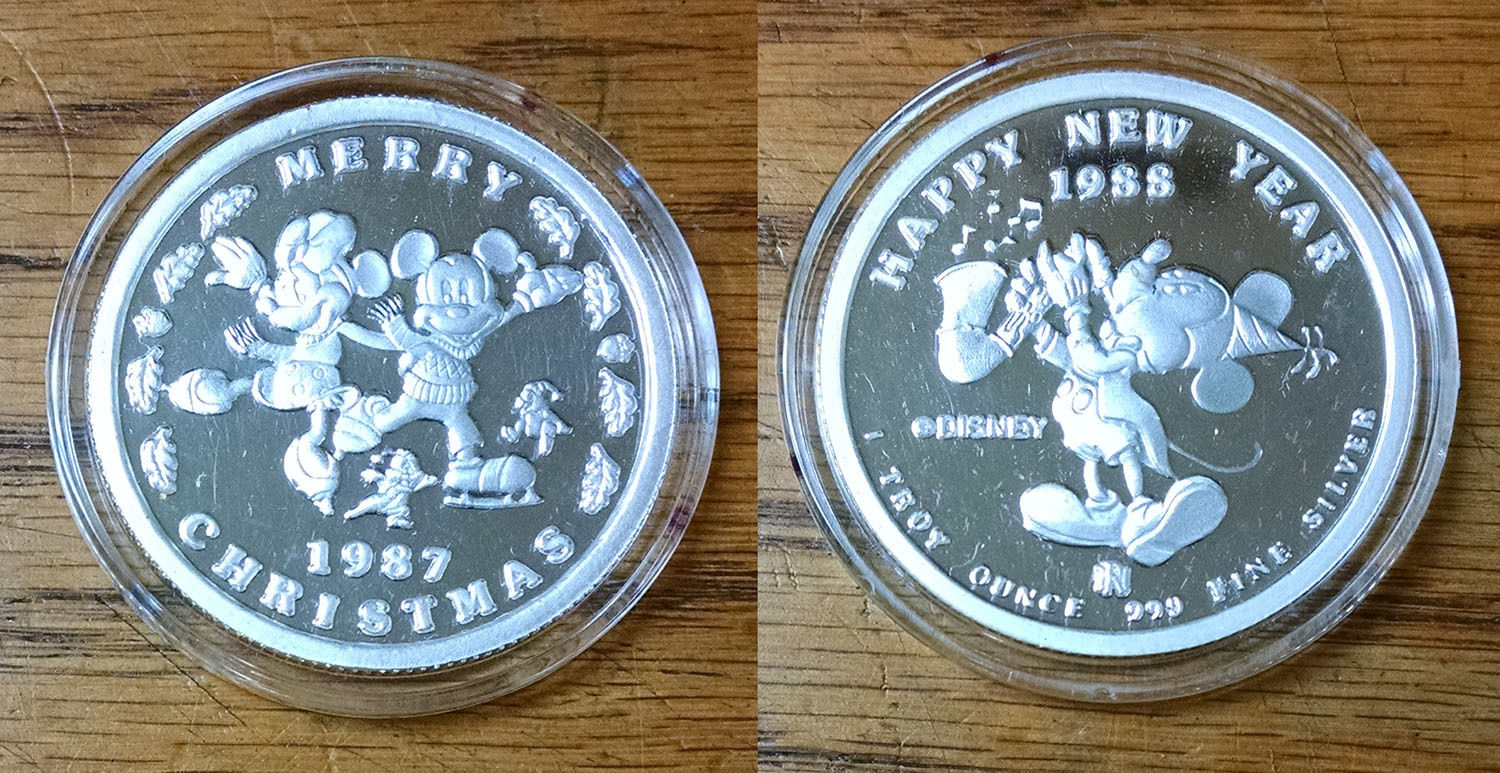 Disney Collector One Ounce Silver Coin Christmas 1987 Mickey