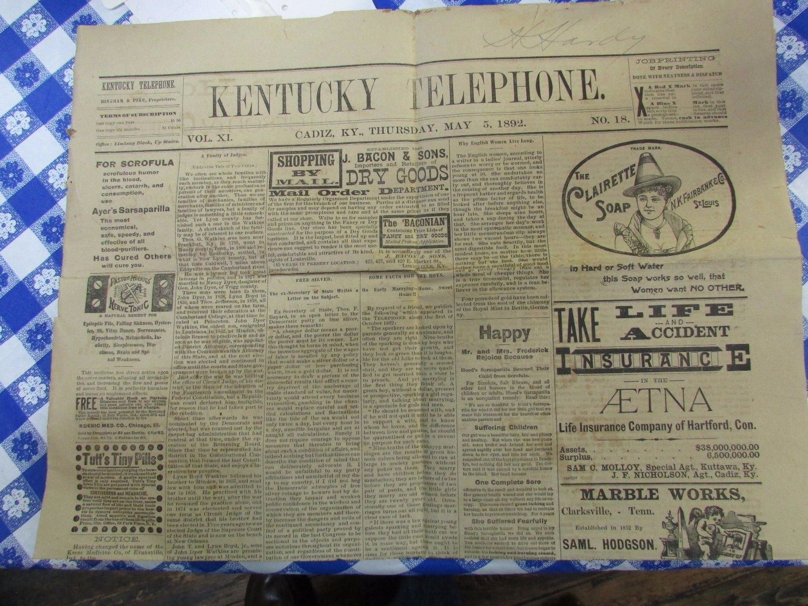 CADIZ,KENTUCKY 1892 NEWSPAPER."KENTUCKY TELEPHONE" CADIZ,KY...NR