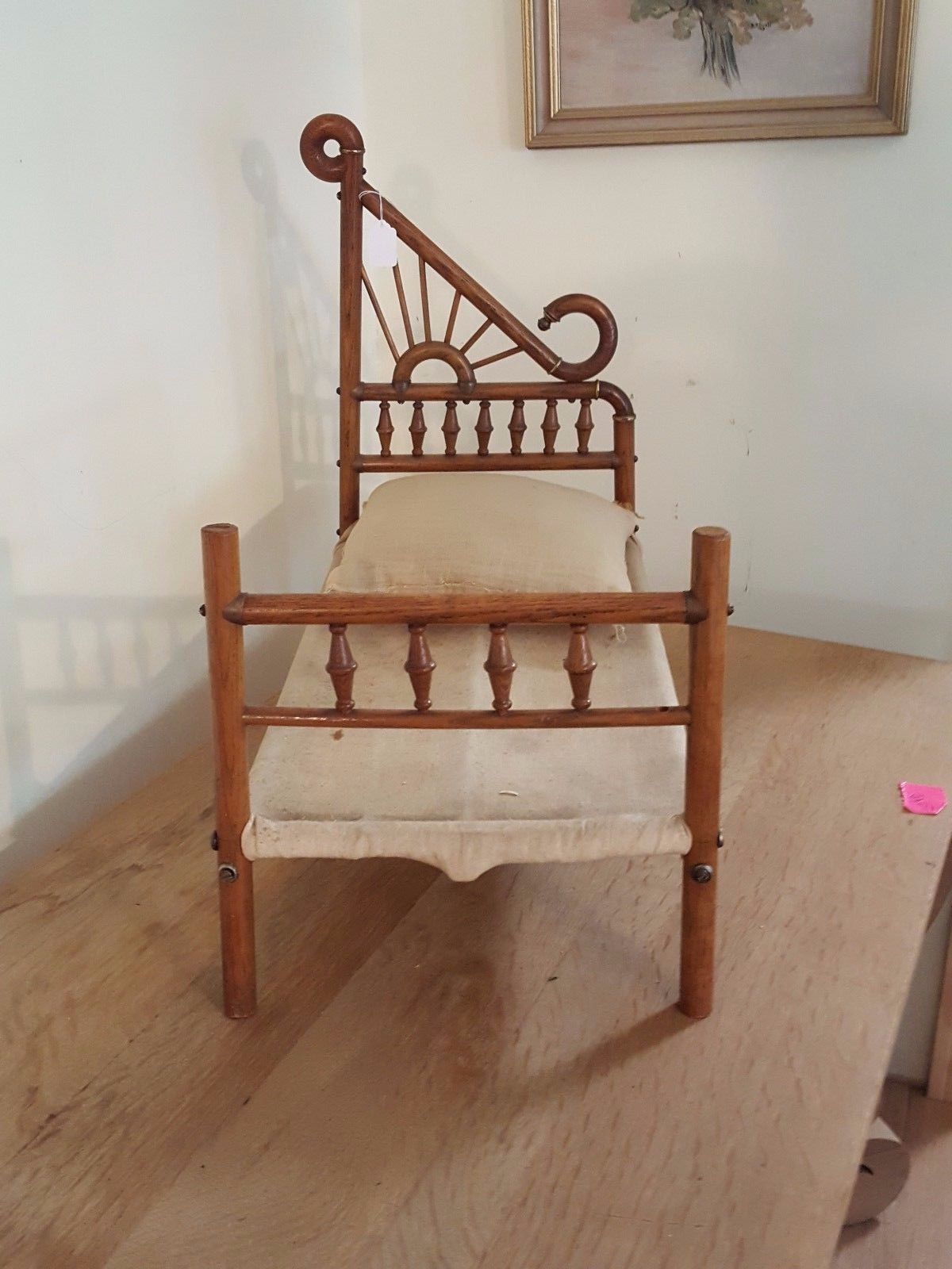 Antique Victorian Doll Baby Bed Oak and Brass Original Cloth Bed and