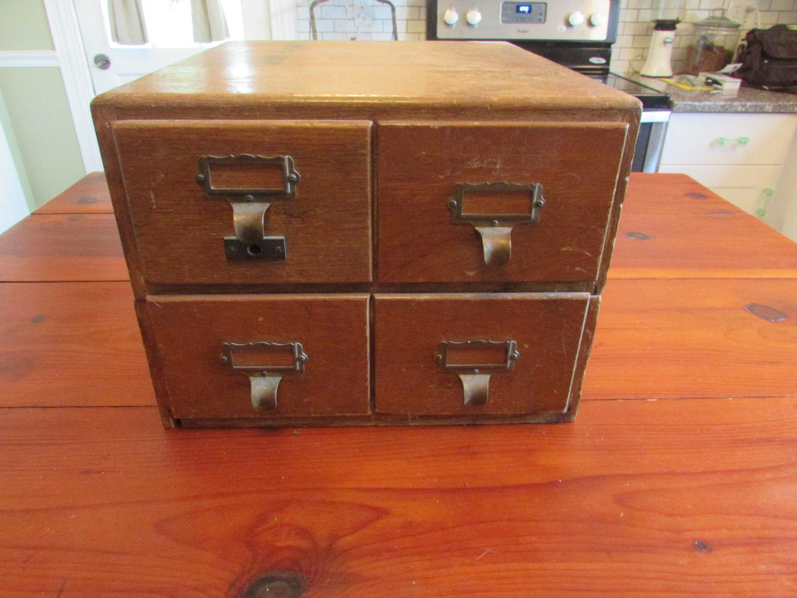 Vintage Oak Four 4 Drawer Card Catalog File Cabinet Box Library