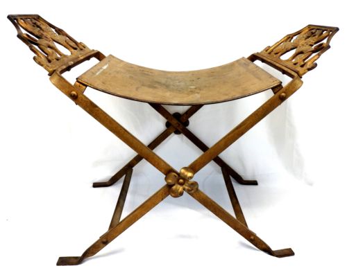 Antique Gold Tone Wrought Iron Vanity Stool Neoclassical U Bench