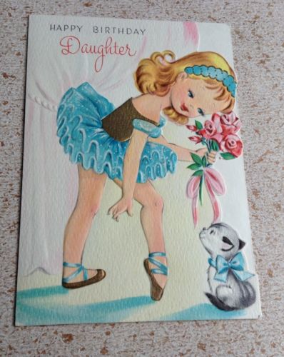 Vintage Girl Ballerina With Kitten Flowers Birthday Greeting Card 1950s ...