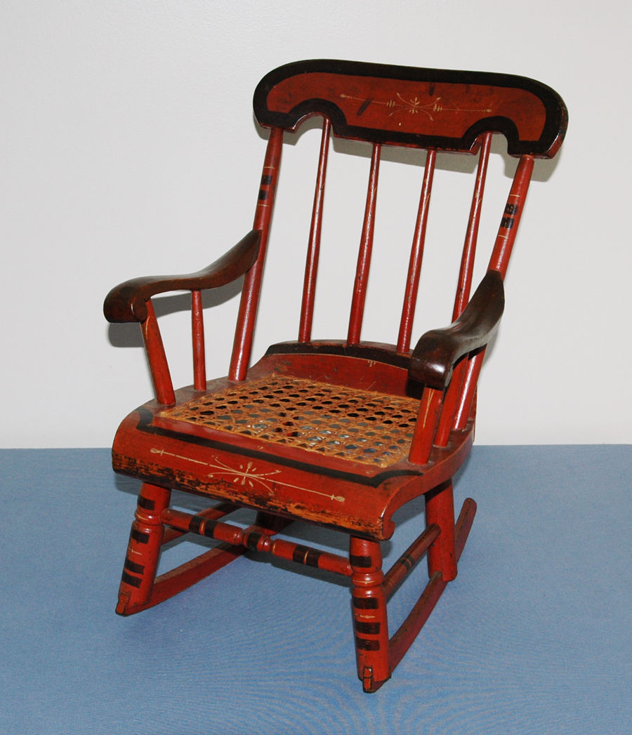 Antique Hand Painted Red Samon CHILD''S BOSTON ROCKER Rocking Chair w