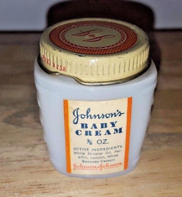 Rare Early Vintage Johnson''s Baby Cream Milk Glass Jar Bottle Container Tin Lid Antique