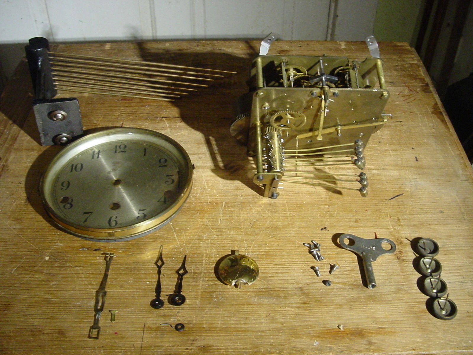 ANTIQUE VINTAGE TRIPLE CHIME CLOCK MOVEMENT, RODS, DIAL, HANDS