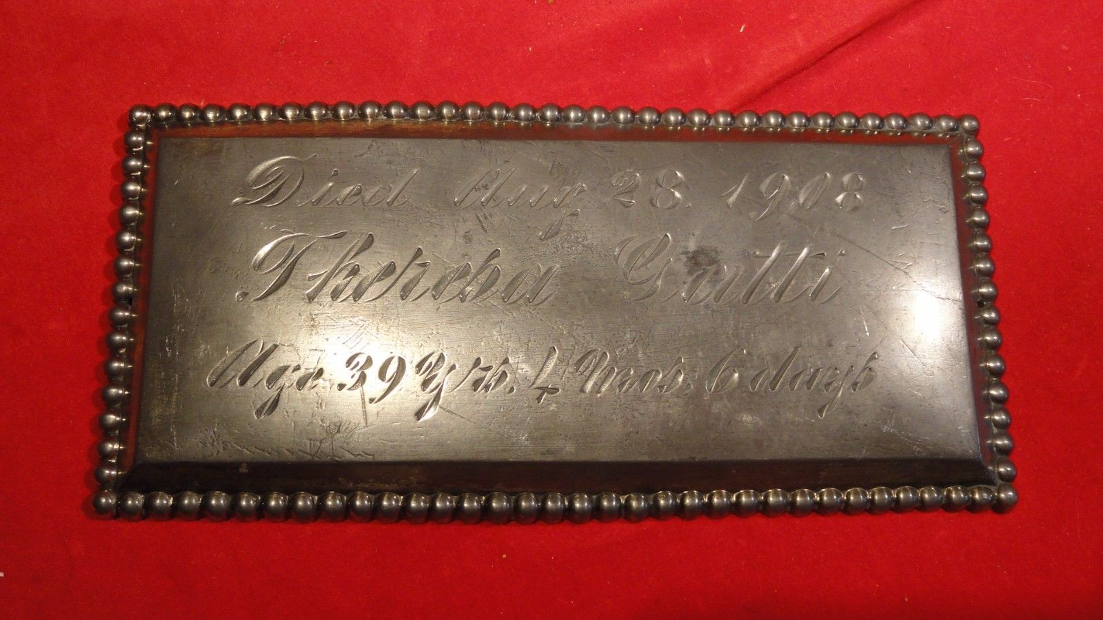 RARE ANTIQUE FUNERAL HOME SILVERED PEWTER CASKET NAME PLATESALES