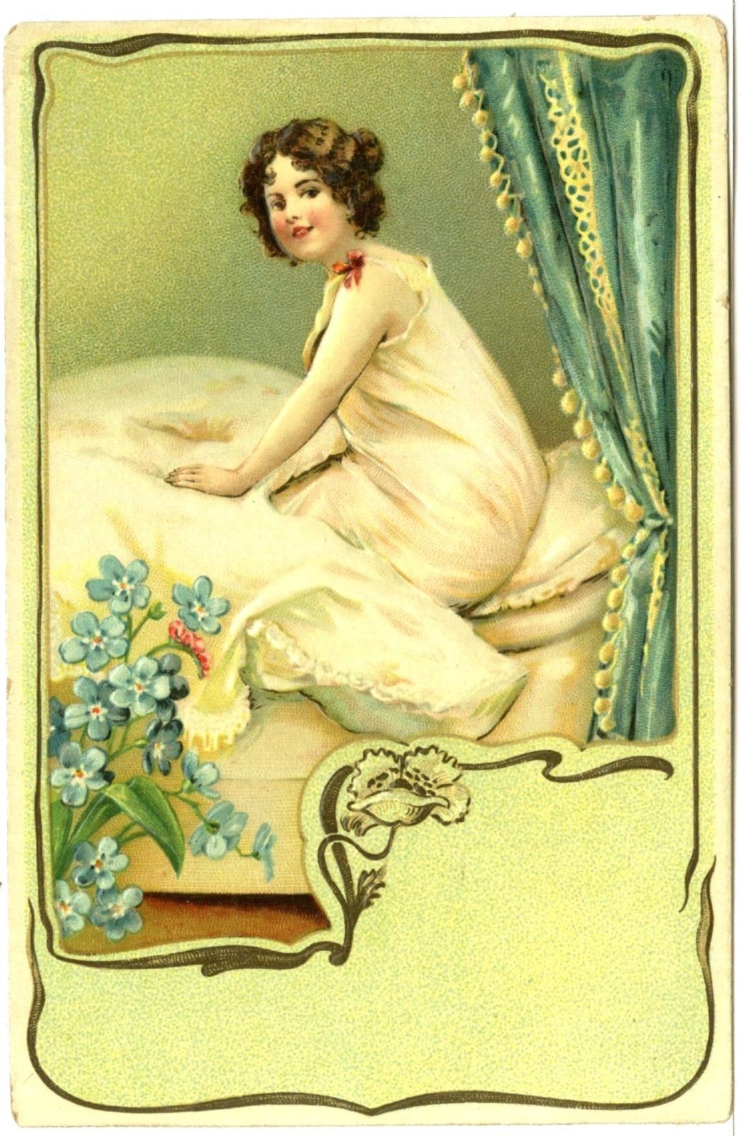 Embossed, Pretty Young Lady in a Nightgown Climbing in Bed, Space for