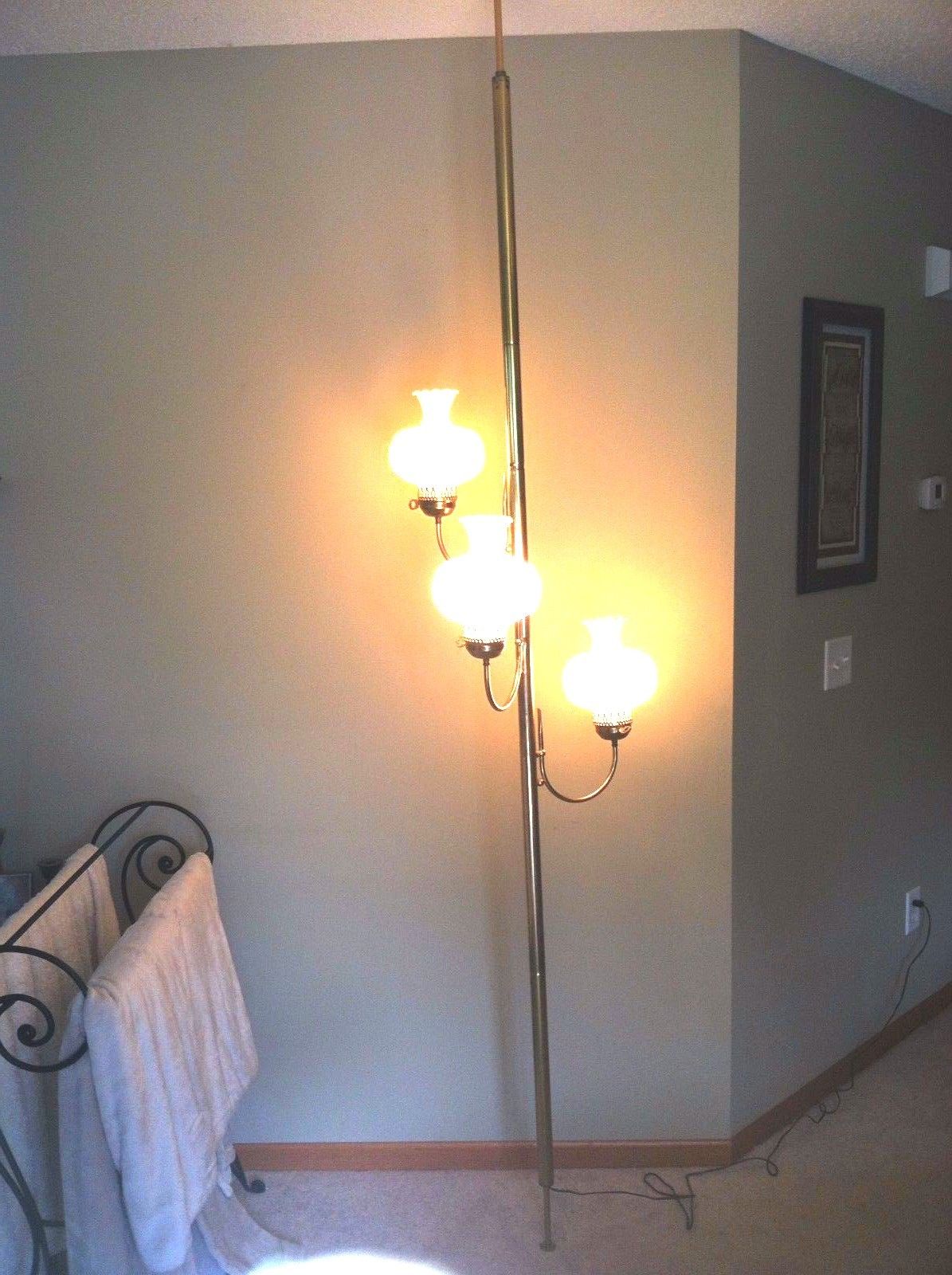 Vintage Tension Pole Floor To Ceiling Lamp 3 Light Milk
