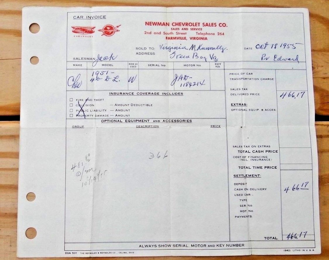 1955 Newman Chevrolet Sales Co 1951 Used Car Invoice FARMVILLE, VA ad